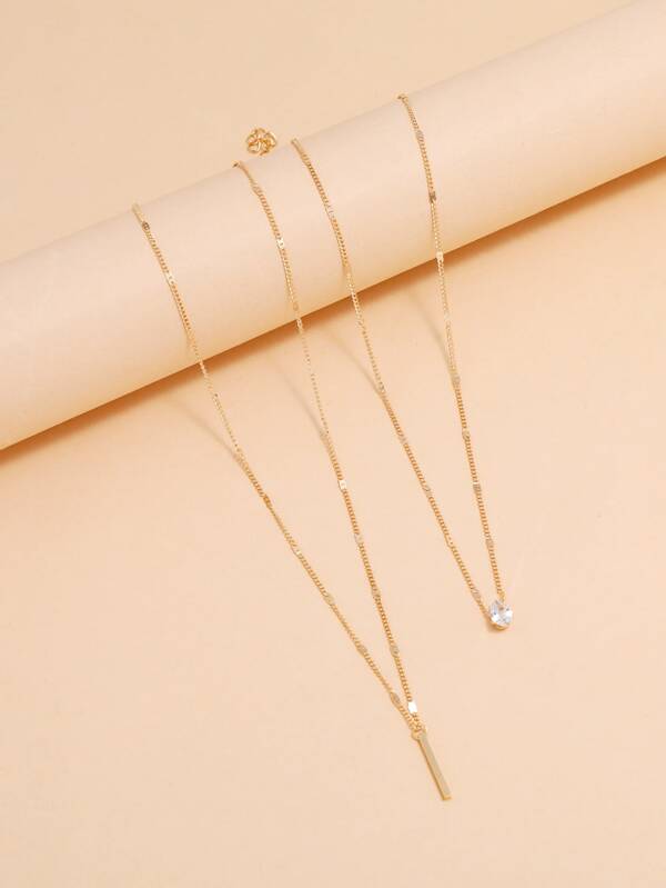 2pcs/set Rhinestone Water-drop & Rectangle Charm Necklace