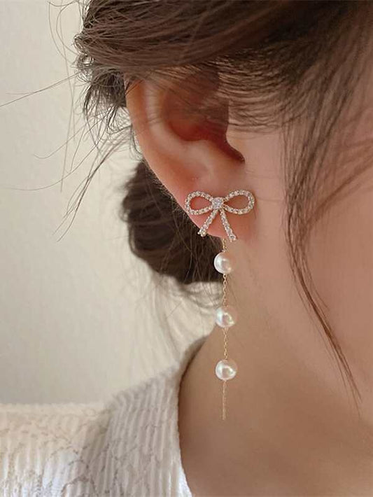 Rhinestone Bow & Pearl Charm Earring