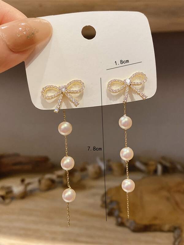 Rhinestone Bow & Pearl Charm Earring