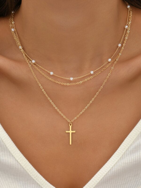 2pcs Pearl & Cross Chain Necklace