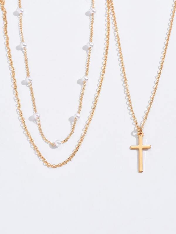 2pcs Pearl & Cross Chain Necklace