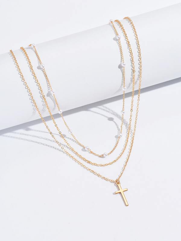 2pcs Pearl & Cross Chain Necklace