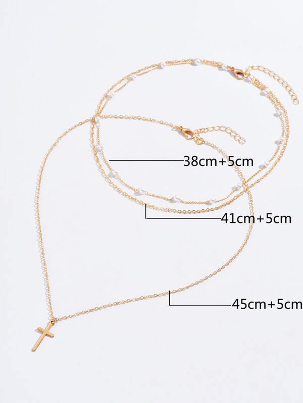 2pcs Pearl & Cross Chain Necklace