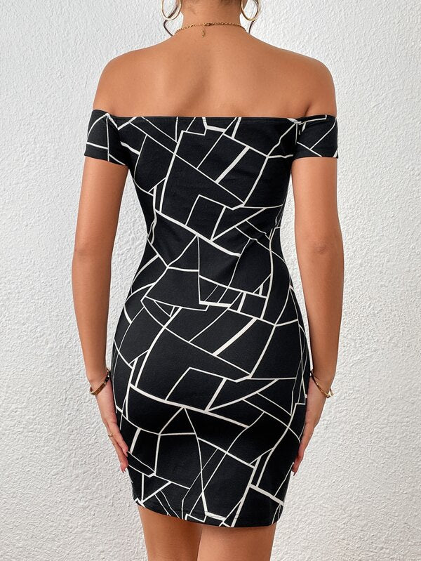 GeoPrint Off Shoulder Split Dress