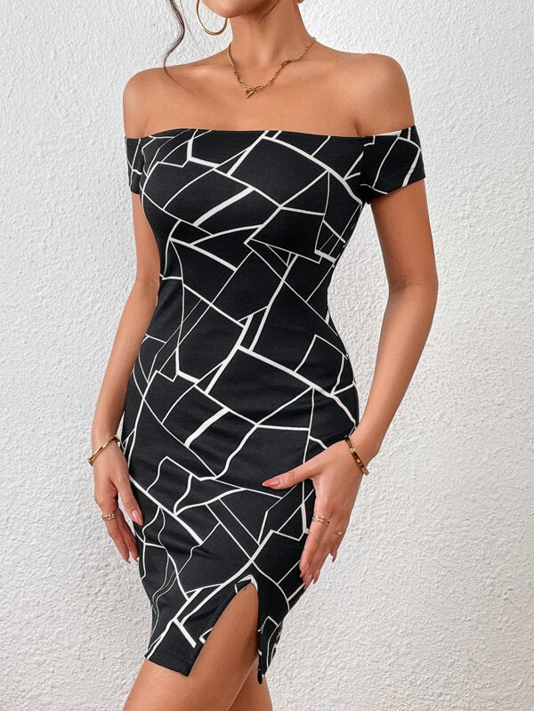 GeoPrint Off Shoulder Split Dress