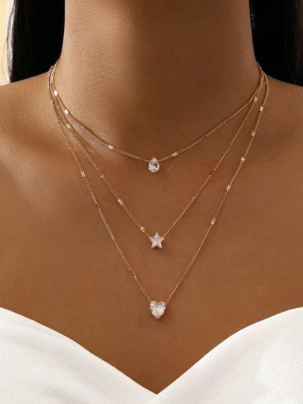 Rhinestone Star & Water-drop Charm Layered Necklace