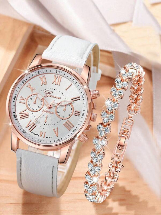 1pc Litchi PU Quartz Watch &1pc Rhinestone Bracelet