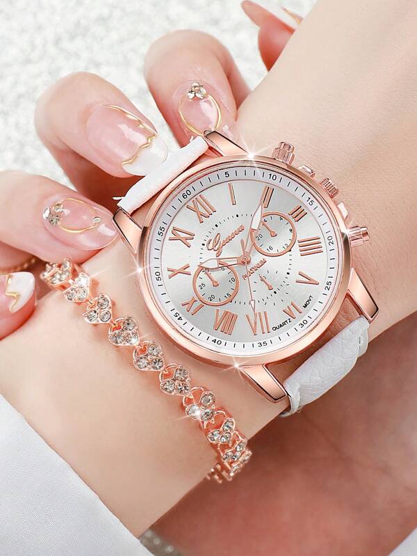 1pc Litchi PU Quartz Watch &1pc Rhinestone Bracelet