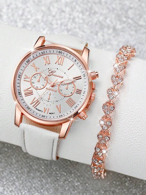 1pc Litchi PU Quartz Watch &1pc Rhinestone Bracelet