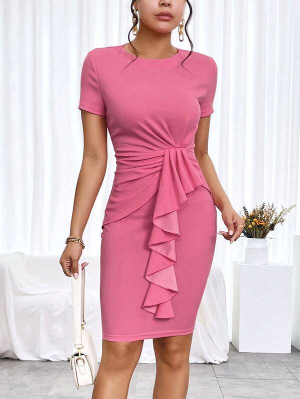 Ruched Ruffle Trim Bodycon Dress