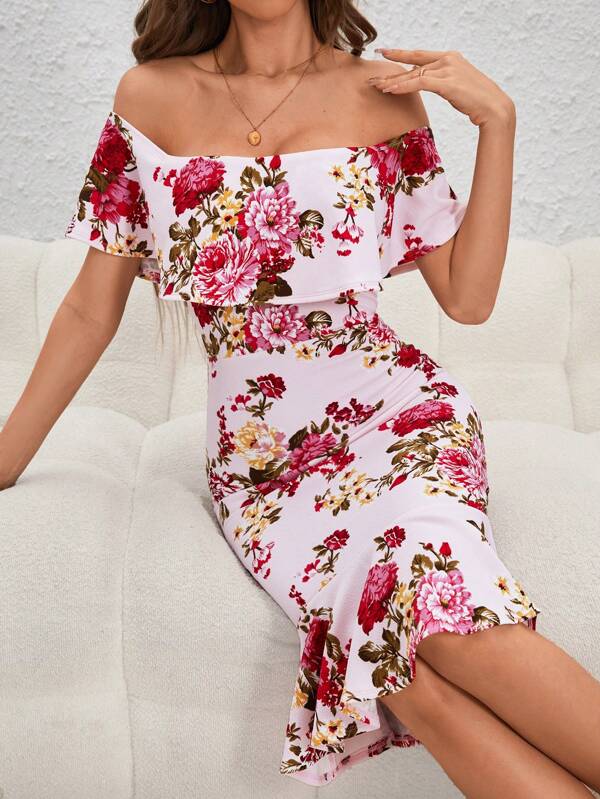 Floral Print Off Shoulder Ruffle Trim Dress