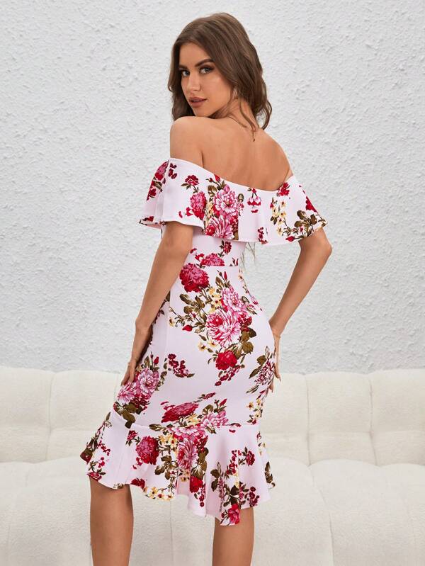 Floral Print Off Shoulder Ruffle Trim Dress