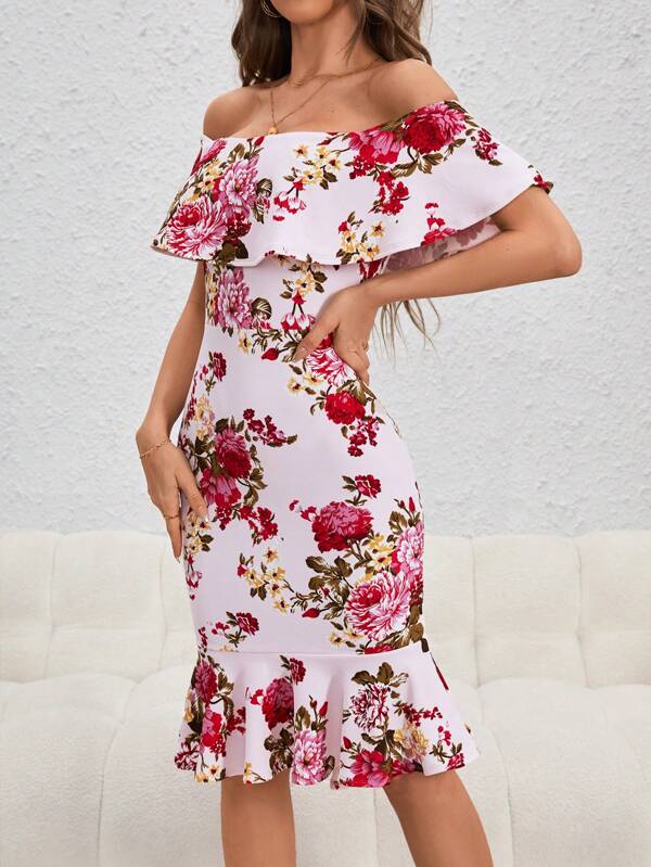 Floral Print Off Shoulder Ruffle Trim Dress