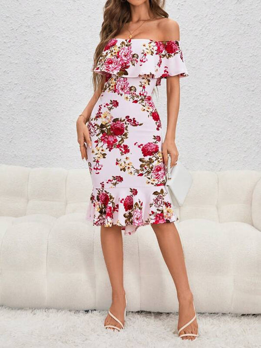 Floral Print Off Shoulder Ruffle Trim Dress