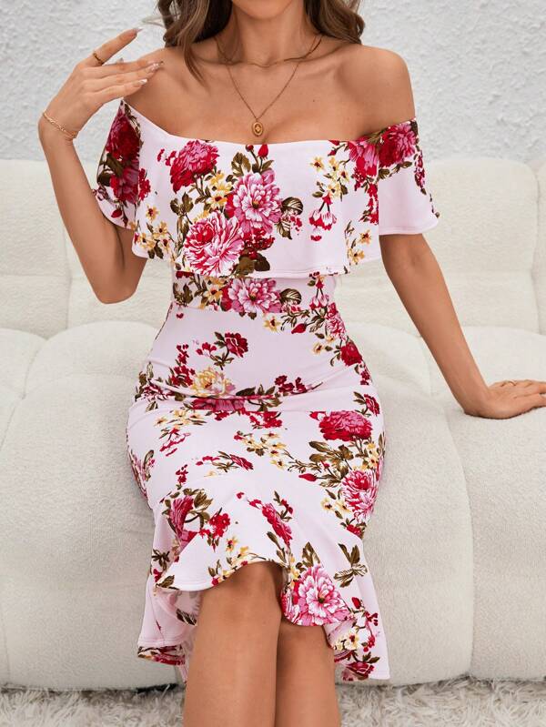 Floral Print Off Shoulder Ruffle Trim Dress