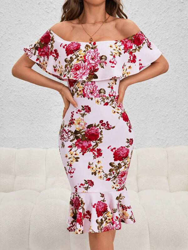 Floral Print Off Shoulder Ruffle Trim Dress