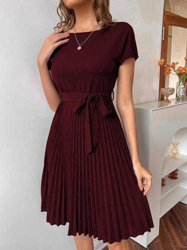 Pleated Hem Self Belted Dress