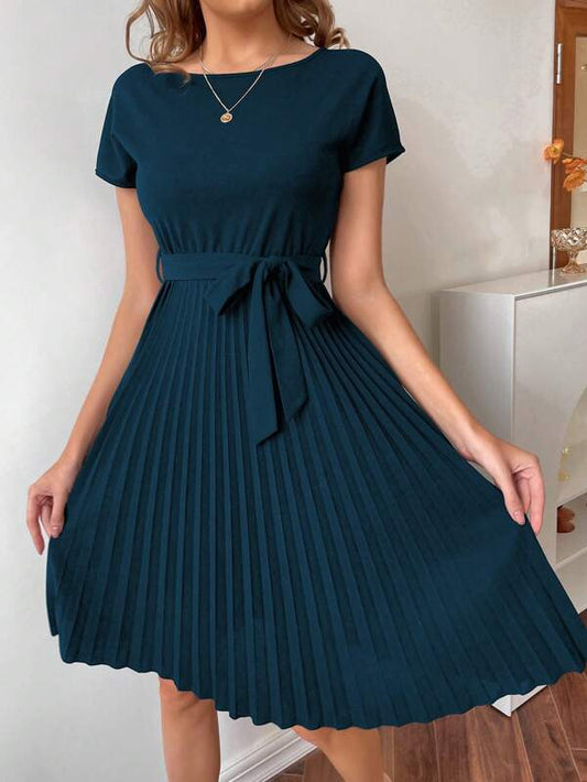 Pleated Hem Self Belted Dress