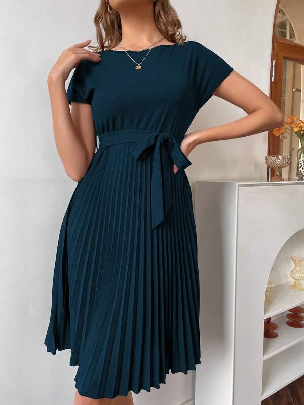 Pleated Hem Self Belted Dress