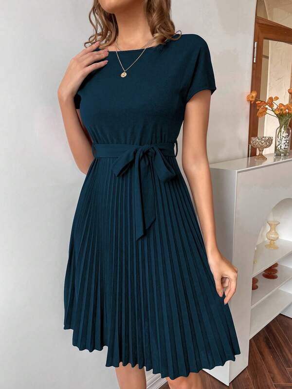 Pleated Hem Self Belted Dress