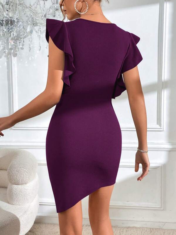 Solid Ruffle Trim Bodycon Dress