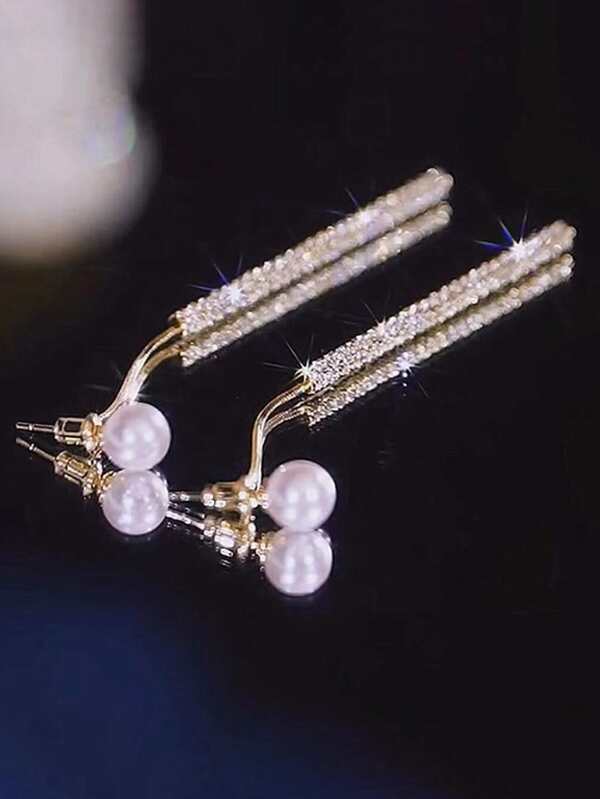 1pair  Titanium Pearl & Rhinestone Tassel Earring