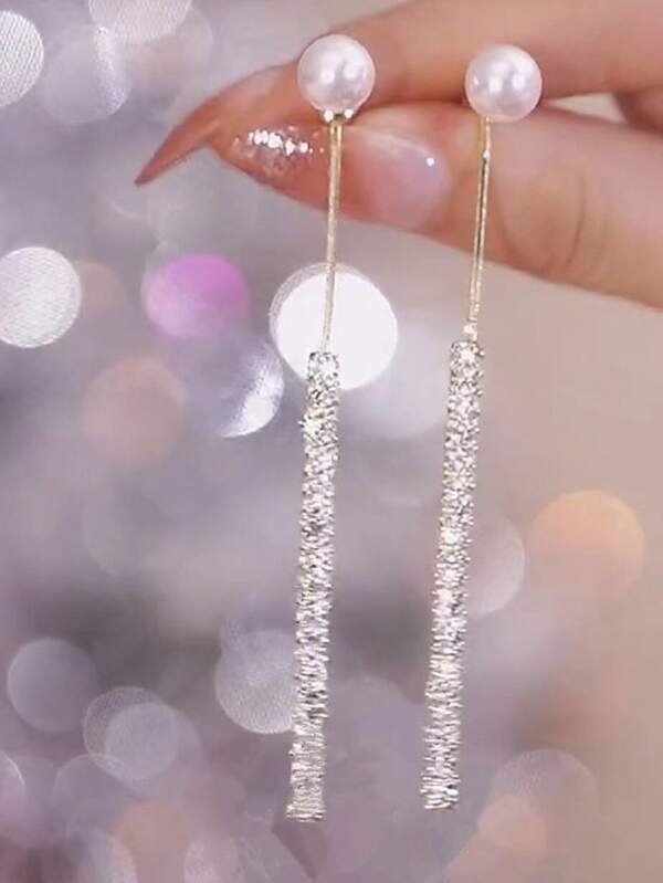 1pair  Titanium Pearl & Rhinestone Tassel Earring