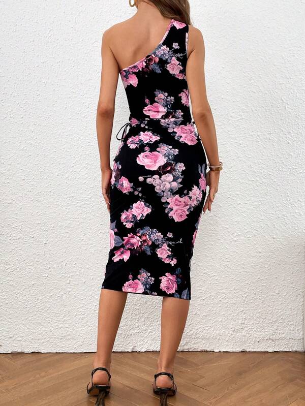 One Shoulder Drawstring Bodycon Dress