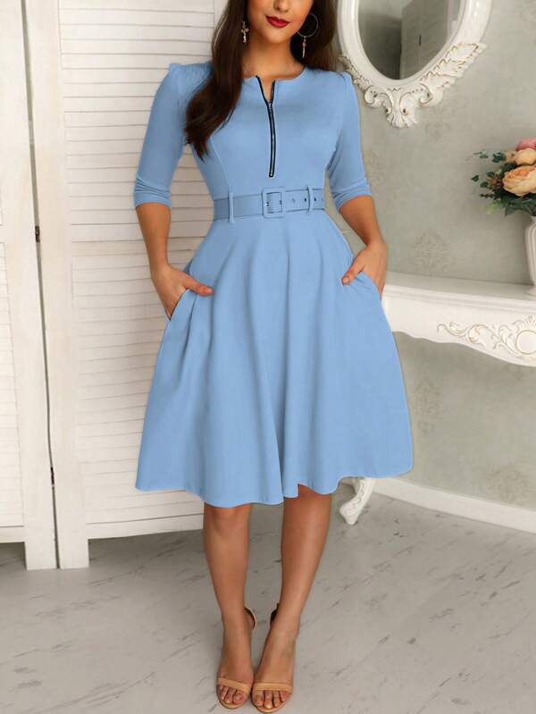 Zip Up Belted A-line Dress