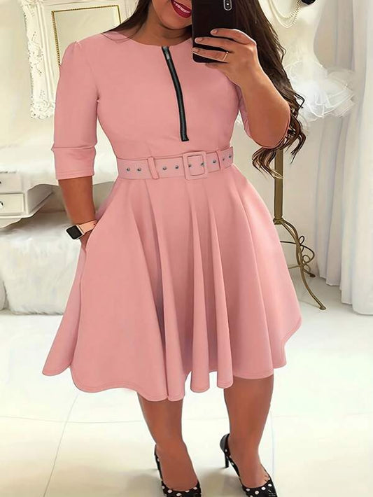 Plus Size Half-zip Dress With Waist Belt